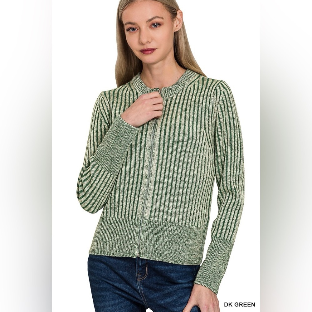 Zenana Ribbed Two Tone Zip Up Sweater Cardigan